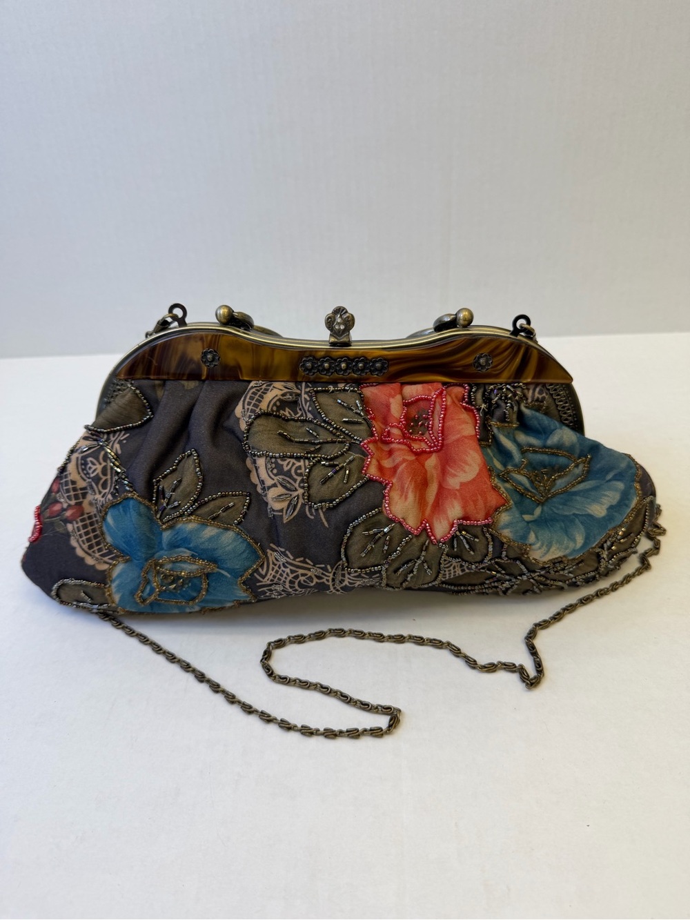 Y2K Floral Beaded Evening Clutch — Gray with Blue & Coral Flowers.